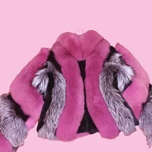Pink Dyed Blue Fox Silver Fox and Black Rex Rabbit Fur bomber jacket real fur